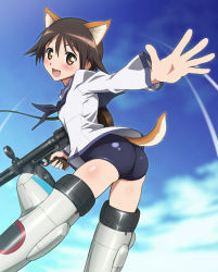  00s 1girl animal_ears ass ass_focus blush brown_hair female_focus fox_ears fox_tail gun happy looking_at_viewer looking_back machine_pistol md5_mismatch miyafuji_yoshika norizou norizou_type-r open_mouth outdoors panties resolution_mismatch revision school_swimsuit shiny_skin short_hair sky solo solo_focus strike_witches striker_unit swimsuit tail underwear weapon wolf_tail world_witches_series yellow_eyes  rating:Questionable score:13 user:danbooru