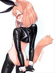  1girl animal_ear_fluff animal_ears arms_behind_back back back_focus black_bow blush bottomless bow bow_hairband breasts cat_ears cat_girl cat_tail ears_visible_through_hair extra_ears hairband highres indie_virtual_youtuber kasai_itsuki kasai_itsuki_(artist) latex latex_legwear looking_back median_furrow medium_hair meme_attire orange_hair own_hands_together red-framed_eyewear reverse_bunnysuit reverse_outfit shrug shrug_(clothing) small_breasts solo sweat tail triangle_hair_ornament wavy_mouth yellow_eyes 