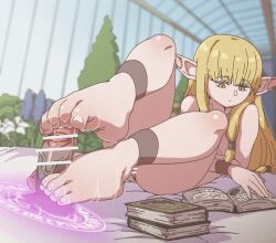  1girl animated animated_png barefoot blonde_hair book censored cleft_of_venus cum cum_on_body cum_on_feet cum_on_lower_body ejaculation feet footjob funen_gomi_m grin long_hair magic_circle multitasking nude parted_lips pointy_ears pussy reading serie_(sousou_no_frieren) smile soles sousou_no_frieren spread_toes toenails toes yellow_eyes 