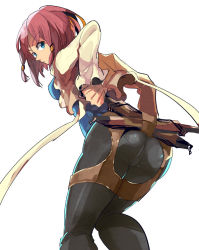  10s 1girl ass bent_over blue_eyes breasts from_behind from_below hair_tubes ishiwari leaning leaning_forward looking_back looking_down pants pantylines red_hair rose_(tales) short_hair sideboob solo sword tales_of_(series) tales_of_zestiria tight_clothes tight_pants weapon  rating:Sensitive score:22 user:armorcrystal