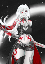  1girl absurdres acheron_(honkai:_star_rail) bare_shoulders belt black_belt black_choker black_coat black_hole black_shorts blood bloody_tears body_markings boots breasts bright_pupils choker cleavage coat coattails colored_extremities commentary_request cowboy_shot criss-cross_halter deadsmallbase drawing_sword flower hair_flower hair_intakes hair_ornament hair_over_one_eye halterneck highres holding holding_sheath holding_sword holding_weapon honkai:_star_rail honkai_(series) large_breasts leg_tattoo long_hair looking_at_viewer midriff monochrome navel official_alternate_color parted_lips partial_commentary red_eyes red_flower red_hands red_nails scabbard sheath short_shorts shorts single_thigh_boot solo spot_color standing sword tattoo thigh_boots unsheathing weapon white_pupils 