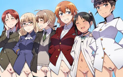  6+girls black_choker black_hair blonde_hair blue_eyes blush bottomless breast_pocket breasts brown_eyes censored charlotte_e._yeager choker closed_eyes closed_mouth em_(totsuzen_no_hakike) embarrassed female_pubic_hair francesca_lucchini glasses green_hair grin hair_ribbon hand_on_another&#039;s_shoulder hand_on_own_face jacket large_breasts looking_at_viewer lynette_bishop military military_uniform minna-dietlinde_wilcke multiple_girls navel no_panties open_mouth orange_hair perrine_h._clostermann pocket ponytail pubic_hair pussy red_hair red_jacket ribbon sakamoto_mio small_breasts smile standing strike_witches twintails uniform world_witches_series yellow_eyes  rating:Explicit score:91 user:danbooru