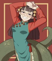 1girl arms_up bell blunt_bangs breasts bright_pupils brown_eyes brown_hair china_dress chinese_clothes dress glasses green_dress grin hair_bell hair_ornament highres lamia long_hair looking_at_viewer mole mole_above_mouth monster_girl monsterification original pointy_ears realda_(vibrantrida) red_background round_eyewear small_breasts smile solo teeth vibrantrida white_pupils yellow-framed_eyewear  rating:General score:8 user:danbooru