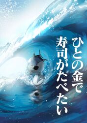  ame_zari animal_focus black_mouth commentary day gyorui_(amezari) highres looking_at_viewer marine_day no_humans ocean open_mouth original outdoors reflection sacabambaspis standing surfboard surfing translated tuna water waves 