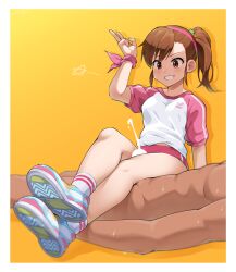  1girl bloomers breasts brown_eyes brown_hair censored cum ejaculation futami_mami girl_on_top grin idolmaster idolmaster_million_live! idolmaster_million_live!_theater_days intercrural_sex kim_da-yoon loli naughty_face side_ponytail small_breasts smile thigh_sex underwear v 
