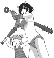  2girls :o age_difference animal_print arms_up ayase_fuuka azuma_kiyohiko bare_shoulders bikini bob_cut breasts club club_(weapon) commentary cowboy_shot demon_horns dress elbow_gloves flat_chest from_below from_side gloves greyscale hair_between_eyes halftone_texture height_difference holding holding_club holding_weapon horns koiwai_yotsuba looking_ahead looking_at_viewer medium_breasts midriff monochrome multiple_girls navel official_art oni_costume open_mouth over_shoulder quad_tails short_hair shouting side-by-side simple_background sleeveless sleeveless_dress spiked_club striped_bikini striped_clothes swimsuit v-shaped_eyebrows v-shaped_eyes weapon weapon_over_shoulder white_background yotsubato! 