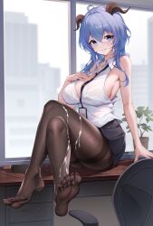 1girl absurdres ahoge arm_support black_pantyhose blue_hair blush breasts chair cleavage cum cum_on_body cum_on_legs cum_on_legwear desk facial feet ganyu_(genshin_impact) genshin_impact hand_on_own_chest heart heart-shaped_pupils highres horns id_card indoors knees_up large_breasts light_smile long_hair looking_at_viewer negi_kome office office_lady on_desk pantyhose plant potted_plant purple_eyes shirt sideboob sidelocks sitting sitting_on_desk soles solo symbol-shaped_pupils thighband_pantyhose thighs toes wet wet_clothes white_shirt window rating:Explicit score:46 user:danbooru
