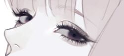  1girl bad_id bad_twitter_id blunt_bangs close-up commentary_request eye_focus eyelashes eyeliner eyeshadow gradient_eyes looking_at_viewer makeup mascara multicolored_eyes one_piece oppaipai perona pink_eyes pink_hair profile simple_background solo white_background 