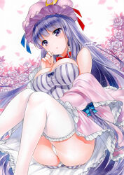  1girl 2021 artist_name bare_shoulders blue_bow blue_ribbon blunt_bangs blush bow bowtie breasts cleavage commentary_request crescent crescent_hat_ornament curvy dated dress falling_petals feet_out_of_frame floral_background flower foreshortening frilled_thighhighs frills hair_bow hand_up hat hat_ornament hat_ribbon knees_together_feet_apart large_breasts long_hair marker_(medium) mob_cap nordic_niku panties panty_peek parted_lips patchouli_knowledge petals purple_dress purple_eyes purple_hair purple_hat red_bow red_bowtie red_ribbon ribbon rose short_dress sidelocks simple_background sitting sleeveless sleeveless_dress solo straight_hair striped_clothes striped_dress thighhighs thighs touhou traditional_media underwear vertical-striped_clothes vertical-striped_dress very_long_hair white_background white_flower white_panties white_rose white_thighhighs  rating:Sensitive score:6 user:danbooru