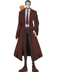  1boy belt brown_belt brown_footwear brown_jacket character_request collared_shirt facial_mark formal full_body grey_hair highres jacket lapels long_sleeves mashle necktie official_art red_necktie shirt short_hair solo suit tachi-e white_shirt 