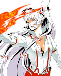  1girl arm_strap cigarette colored_eyelashes female_focus fire fire fujiwara_no_mokou hair_ribbon long_hair looking_away open_mouth outstretched_arm popped_collar red_eyes ribbon shirt smoke solo suspenders touhou wakky white_background white_hair white_shirt 