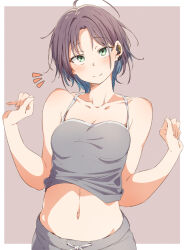  1girl ahoge asakura_toru bare_shoulders blue_hair border breasts camisole collarbone commentary crop_top eitopondo gradient_hair green_eyes grey_background grey_camisole grey_hair idolmaster idolmaster_shiny_colors looking_at_viewer medium_breasts multicolored_hair navel notice_lines pants parted_bangs solo sweatpants w_arms white_border 