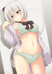  1girl black_bow blue_eyes blush bob_cut bow bow_bra bow_panties bra breasts closed_mouth commentary_request cowboy_shot crotch_seam dress_shirt frown green_bra green_panties grey_hair hair_bow half-closed_eyes head_tilt highres konpaku_youmu konpaku_youmu_(ghost) kurenaidahlia lace lace-trimmed_panties lace_trim looking_to_the_side medium_breasts navel no_pants open_clothes open_shirt opened_by_self panties partial_commentary shirt short_hair solo standing touhou underwear undressing white_shirt 