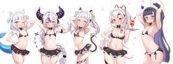  5girls ;d absurdres animal_ears apron arm_garter armpits arms_behind_head arms_up bikini black_bikini black_bow black_bowtie black_skirt blue_eyes blunt_bangs blush bow bowtie braid braided_bangs breasts cat_ears cat_tail choker cleavage cocozasa collar commentary commentary_request cowboy_shot demon_horns drink fang fins fish_tail flat_chest frilled_collar frills gawr_gura gradient_hair grin hair_bow hair_ribbon halo hand_on_own_hip hands_up highres holding hololive hololive_english horns la+_darknesss long_hair looking_at_viewer maid maid_apron maid_bikini maid_headdress micro_bikini miniskirt mole mole_under_eye multicolored_hair multiple_girls murasaki_shion murasaki_shion_(gothic_lolita) nakiri_ayame narrow_waist navel ninomae_ina&#039;nis one_eye_closed oni open_mouth orange_hair pointy_ears poyoyo_(nakiri_ayame) purple_hair red_eyes red_hair red_ribbon ribbon ribs shark_tail sidelocks simple_background single_braid skin-covered_horns skindentation skirt small_breasts smile streaked_hair sweatdrop swimsuit tail tail_ornament tail_ribbon takodachi_(ninomae_ina&#039;nis) tentacle_hair tentacles twintails unconventional_maid virtual_youtuber white_background white_hair wrist_cuffs yellow_eyes  rating:Sensitive score:171 user:danbooru