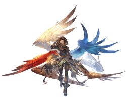  1boy ahoge arm_up armor belt bishounen black_pants blue_wings boots breastplate brown_hair brown_wings cape crazy_smile downscaled evil_grin evil_smile full_body granblue_fantasy green_cape grin hair_between_eyes holding holding_weapon hood hood_up minaba_hideo multiple_wings official_art pants red_eyes red_wings resized sandalphon_(granblue_fantasy) smile solo_focus tachi-e teeth upper_teeth_only weapon white_wings wings yandere 