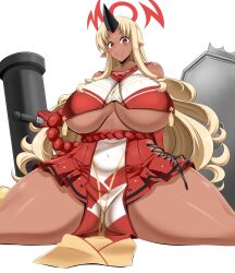  1girl bare_shoulders blonde_hair breasts cheerleader closed_mouth collarbone covered_navel crop_top dark-skinned_female dark_skin halo horns huge_breasts long_hair looking_at_viewer monster_musume_no_iru_nichijou pleated_skirt pointy_ears red_eyes red_skirt revealing_clothes shiny_skin simple_background single_horn sitting skirt smile solo spread_legs thick_thighs thighs tionishia underboob virusotaku white_background  rating:Questionable score:7 user:DarkToonLink