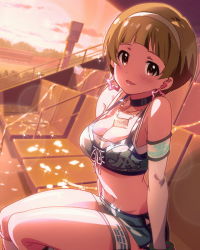 10s 1girl arm_support artist_request blonde_hair blush breasts brown_eyes cleavage confetti crop_top earrings front-tie_top fukuda_noriko idolmaster idolmaster_million_live! jewelry large_breasts lens_flare looking_at_viewer navel necklace official_art parted_lips race_queen sitting skirt smile strap_gap sunset thighs  rating:Sensitive score:20 user:danbooru