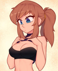  1girl a_hat_in_time abs aged_up blue_eyes bra breasts brown_hair cleavage cropped gradient_background hat_kid long_hair looking_down medium_breasts navel nipples non-web_source nose original shirt sidelocks simple_background solo underwear xyronii  rating:Sensitive score:49 user:danbooru