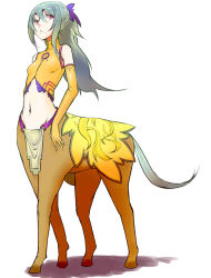  1girl bad_id bad_pixiv_id breasts centaur copyright_request elbow_gloves gloves green_hair hihumiyoimu loincloth long_hair midriff monster_girl navel ponytail red_eyes scrunchie sleeveless sleeveless_turtleneck small_breasts solo tail taur turtleneck 