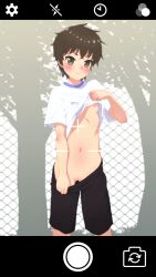 1girl black_shorts blush chain-link_fence cleft_of_venus clothes_pull fake_phone_screenshot fake_screenshot female_focus fence flat_chest furuta500 gluteal_fold green_eyes gym_uniform highres loli looking_at_viewer messy_hair navel nipples original pussy reverse_trap shirt short_hair short_sleeves shorts shorts_pull solo standing sweatdrop tomboy user_interface white_shirt rating:Explicit score:115 user:romantic_colors
