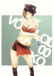  1girl bad_id bad_pixiv_id bare_shoulders belt boots bottle breasts brown_eyes brown_hair cleavage dog_tags hat large_breasts meiko_(vocaloid) midriff nail_polish one_eye_closed reika_(artist) reika_(clovia_studio) short_hair shorts smile solo vocaloid wink  rating:Sensitive score:5 user:danbooru