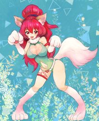 1girl :d animal_ears animal_hands breasts cat_ears cat_tail cleavage clothing_cutout full_body highres inuyou large_breasts leotard long_hair looking_at_viewer medium_breasts navel open_mouth perisie_(star_ocean) pink_hair ponytail smile solo star_ocean star_ocean_first_departure tail