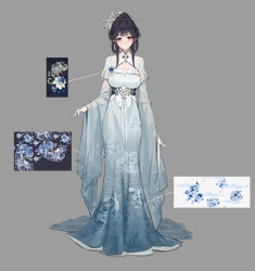  1girl azur_lane black_hair butterfly_hair_ornament character_sheet chen_hai_(azur_lane) chen_hai_(sylvan_gaden&#039;s_embroidery)_(azur_lane) chinese_clothes dress floral_print full_body green_dress grey_background gujianshaonu hair_ornament highres long_dress long_sleeves looking_at_viewer official_alternate_costume parted_lips red_eyes simple_background solo standing wide_sleeves 