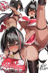  &gt;_&lt; 1girl absurdres ahoge armpits ass asymmetrical_legwear badge bare_shoulders bay_(nikke) black_collar black_hair black_socks black_thighhighs blush breasts button_badge cheerleader cleavage clothes_writing collar commentary crop_top dark-skinned_female dark_skin dated goddess_of_victory:_nikke grey_eyes grin hair_between_eyes hair_intakes highres holding holding_pom_poms large_breasts lock long_hair looking_at_viewer mole mole_on_breast mole_on_stomach mole_under_mouth multicolored_hair navel nose_blush open_mouth padlock padlocked_collar panties pleated_skirt pom_pom_(cheerleading) pom_poms ponytail red_footwear red_shirt red_skirt see-through see-through_cleavage shirt shoes sidelocks signature simple_background single_thighhigh skindentation skirt sleeveless sleeveless_shirt smile sneakers socks standing standing_on_one_leg stomach streaked_hair sweat ta1sh1 teeth thigh_strap thighhighs torn_clothes torn_socks two-tone_hair underboob underwear white_background white_panties 