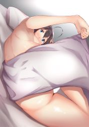 1girl aftersex ahoge ass bad_id bad_pixiv_id bed_sheet black_hair blue_eyes blush breasts hair_ornament highres kantai_collection looking_at_viewer lying medium_breasts naked_sheet nude on_back on_bed pillow ronguuta shigure_(kancolle) solo ushiotoko&amp;hiroshi rating:Questionable score:6 user:danbooru