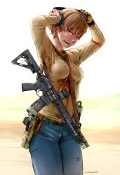  1girl didloaded gradient_background gun handgun holster looking_at_viewer m4 magazine_(object) open_mouth scope short_hair simple_background solo sweat tagme thigh_holster weapon  rating:Sensitive score:4 user:hotcakes