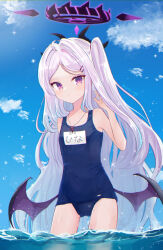  1girl adjusting_hair blue_archive blue_sky blurry cloud cloudy_sky commentary_request demon_girl demon_horns demon_wings depth_of_field forehead hair_ornament hairclip halo highres hina_(blue_archive) hina_(swimsuit)_(blue_archive) horizon horns in_water long_hair looking_at_viewer name_tag ocean official_alternate_costume official_alternate_hairstyle old_school_swimsuit one_side_up outdoors parted_bangs purple_eyes school_swimsuit sese_nagi sidelocks sky solo swimsuit wavy_hair wet wet_clothes wet_swimsuit whistle whistle_around_neck white_hair wings 