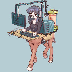  1girl battery blue_background blue_hair bottle cable centaur closed_mouth commission computer computer_tower controller freckles full_body game_controller glasses gobori headphones hooves keyboard_(computer) long_hair monitor monster_girl mouse_(computer) original simple_background skeb_commission solo taur wavy_mouth 