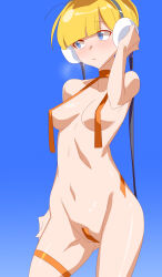  1girl blonde_hair blue_background blue_eyes blunt_bangs breasts breath cable commentary_request cowboy_shot creatures_(company) elesa_(pokemon) game_freak hand_up headphones highres maebari medium_breasts naked_ribbon nintendo parted_lips pokemon pokemon_bw ribbon shiny_skin short_hair solo thigh_strap yostxxx  rating:Questionable score:36 user:danbooru