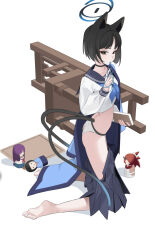  1girl animal_ears barefoot black_eyes black_hair black_sailor_collar black_skirt blue_archive blue_halo blue_neckerchief book bright_pupils cat_ears cat_girl cat_tail character_doll clothes_pull feet halo haori highres holding holding_book japanese_clothes kikyou_(blue_archive) kneeling multiple_tails neckerchief panties pleated_skirt renge_(blue_archive) sailor_collar school_uniform serafuku shirt simple_background skirt skirt_pull soles solo tail thighs toes toki88909 underwear white_background white_panties white_pupils white_shirt yukari_(blue_archive) 