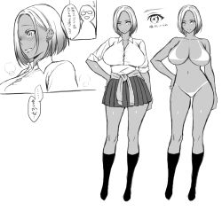 1boy 1girl breasts character_sheet clothes_around_waist concept_art curvy dark_skin full_body gyaru highres kneehighs large_breasts monochrome multiple_views navel short_hair simple_background sketch socks standing sweater sweater_around_waist tan tanline thick_thighs thighs upper_body usagi_nagomu rating:Questionable score:30 user:cheezeit