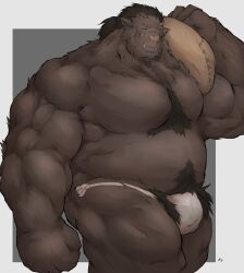 1boy alternate_design bara belly biceps boar_boy body_fur brown_hair bulge carrying_over_shoulder chest_tuft clenched_hand closed_eyes cowboy_shot dark-skinned_male dark_skin dungeon_meshi excessive_pubic_hair fat fat_man flour highres horns huge_pectorals iokei_(doctdra) large_hands loincloth male_focus monster_boy muscular muscular_male navel_hair nipples orc pointy_ears pubic_hair skin-covered_horns solo strongman_waist thick_arms thick_navel_hair tribal tusks walking zon_(dungeon_meshi)