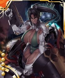  00s 1girl abs angry armor black_hair breasts cable card_(medium) card_(orange-ur) card_(ur) cleavage clenched_teeth dark-skinned_female dark_skin electricity female_focus gun hand_up high_ponytail highleg highleg_leotard holding holding_weapon huge_breasts leotard lilith-soft looking_at_viewer machine_gun mirabell_bell muscular obui official_art orange_eyes parted_bangs pauldrons ponytail rifle shoulder_armor sideboob sidelocks solo tagme taimanin_(series) taimanin_asagi taimanin_asagi_battle_arena_all_card_gallery taimanin_asagi_kessen_arena tan teeth thighs toned weapon  rating:Questionable score:95 user:Fauxuquito11
