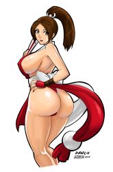 1girl artist_name ass bare_shoulders breasts brown_eyes brown_hair covered_erect_nipples cowboy_shot curvy devil-v fatal_fury folding_fan from_behind from_side hand_fan hand_on_own_hip high_ponytail highleg highleg_panties highres huge_ass huge_breasts long_hair looking_at_viewer looking_back looking_to_the_side nail_polish panties parted_bangs parted_lips pelvic_curtain ponytail revealing_clothes shiranui_mai sideboob snk solo standing the_king_of_fighters thick_thighs thighs thong underwear wide_hips rating:Sensitive score:59 user:danbooru