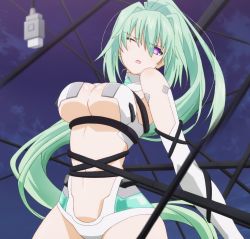  10s 1girl ;o bare_shoulders bdsm blurry bodysuit bondage bound bound_arms breast_bondage breasts cable center_opening cleavage cloud cowboy_shot cuffs depth_of_field elbow_gloves gloves green_hair green_heart_(neptunia) hair_between_eyes hair_intakes halterneck high_ponytail highres hip_focus large_breasts leotard long_hair looking_at_viewer magical_girl navel neptune_(series) night night_sky one_eye_closed open_mouth outdoors ponytail power_symbol power_symbol-shaped_pupils purple_eyes restrained rope screencap shackles shibari sky solo symbol-shaped_pupils turtleneck underboob vert_(neptunia) very_long_hair white_gloves wince  rating:Questionable score:71 user:fuchikoma