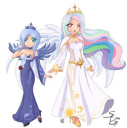 2girls bare_shoulders blue_hair celestia_(my_little_pony) choker dress green_eyes high_heels highres long_hair luna_(my_little_pony) multicolored_hair multiple_girls my_little_pony my_little_pony:_friendship_is_magic open_mouth personification pink_eyes rainbow_hair seiryuga shoes siblings sisters sparkle tiara transparent_background wings rating:Sensitive score:2 user:danbooru