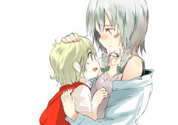  2girls aged_down alternate_costume arm_up bare_shoulders blonde_hair blue_jacket blush blush_stickers bow braid camisole casual child closed_mouth collarbone eye_contact fangs flandre_scarlet from_side frown furrowed_brow green_bow grey_camisole grey_hair hair_bow hand_on_another&#039;s_head hand_on_another&#039;s_stomach hand_up headpat izayoi_sakuya jacket long_sleeves looking_at_another multiple_girls nose_blush off_shoulder ogawa_maiko open_clothes open_jacket open_mouth profile red_eyes red_vest round_teeth shiny_skin short_hair short_sleeves side_braid sideways_mouth simple_background spaghetti_strap sweat teeth touhou twin_braids upper_body upper_teeth_only vest white_background 