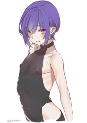  1boy absurdres backless_leotard blush bob_cut covered_erect_nipples covered_navel dated grin hair_between_eyes highres leotard looking_at_viewer male_focus original purple_eyes purple_hair signature simple_background smile solo tawapo trap white_background 