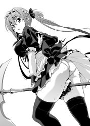  1girl airi_(queen&#039;s_blade) airi_(queen's_blade) airi_(the_infernal_temptress) ass black_thighhighs breasts covered_erect_nipples dress female_focus frills from_behind from_below greyscale hair_between_eyes hair_ornament hair_ribbon holding kuimono large_breasts long_hair looking_at_viewer looking_back looking_down maid maid_headdress mikemono_yuu monochrome open_mouth panties pantyshot puffy_short_sleeves puffy_sleeves queen&#039;s_blade red_hair ribbon scythe short_dress short_sleeves simple_background skindentation solo standing sweat thighhighs thighs twintails underwear weapon white_background white_panties wrist_cuffs  rating:Questionable score:35 user:danbooru