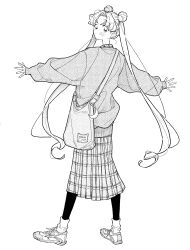  1girl absurdres bag bishoujo_senshi_sailor_moon black_pantyhose blush double_bun full_body greyscale hair_bun highres long_hair looking_at_viewer monochrome neginoaoitokoro outstretched_arms pantyhose parted_bangs plaid plaid_skirt pleated_skirt shoes shoulder_bag skirt sleeves_past_wrists sneakers solo sweater tsukino_usagi twintails white_background 