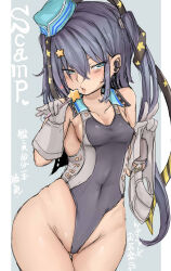 1girl aqua_eyes black_hair blue_hair breasts competition_swimsuit covered_navel cowboy_shot dark_blue_hair elbow_gloves garrison_cap gloves gluteal_fold groin hair_ornament hat highleg highleg_swimsuit highres kantai_collection licking looking_at_viewer military_hat okiraku_nikku one-piece_swimsuit open_mouth scamp_(kancolle) shorts side_ponytail sideboob simple_background small_breasts solo standing star_(symbol) star_hair_ornament swimsuit two-tone_swimsuit v white_gloves wide_hips 