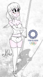  1girl blunt_bangs blush boceto boots breasts close-up copyright_name flag full_body gloves highres large_breasts m3lw melody olympic olympics open_mouth self-upload short short_hair shorts simple_background sketch solo sweat symphony thighhighs thighs tokyo tokyo2020 white_background 