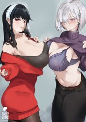  2girls asymmetrical_docking black_bra black_hair black_pants black_pantyhose bra breast_press breasts cleavage clothes_lift covered_erect_nipples earrings fiona_frost frown grey_background grey_hair hair_over_one_eye hairband highres jewelry large_breasts long_hair looking_at_viewer multiple_girls navel noriko_(ni_noriko) pants pantyhose parted_lips purple_sweater qr_code red_eyes red_sweater short_hair smile spy_x_family stud_earrings sweater sweater_lift underwear white_hairband yor_briar 