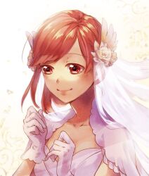  1girl ahoge blush closed_mouth dress flower gloves hair_flower hair_ornament hair_up hands_up head_wings looking_at_hand maru0513 protagonist_(tokimemo_gs3) red_eyes red_hair rose short_hair smile solo swept_bangs tokimeki_memorial tokimeki_memorial_girl&#039;s_side_3rd_story updo veil wedding_dress white_background white_flower white_gloves white_rose wing_hair_ornament wings 