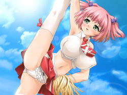  1girl breast_expansion breasts cheerleader game_cg impossible_clothes impossible_shirt kurumi_akizawa panties pink_hair shinshoku_2 shirt skirt sky solo spread_legs stretching sumisumi thighhighs touchable underwear  rating:Questionable score:95 user:sugarhi