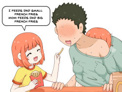  1boy 2girls ^_^ absurdres against_table blush blush_stickers closed_eyes commentary commentary_request daughter_(yoru_mac) english_text faceless faceless_male father_(yoru_mac) father_and_daughter feeding female_pervert food french_fries from_behind futa_with_male futanari green_shirt greenteaneko hand_under_clothes highres holding holding_food husband_and_wife implied_futanari implied_sex mcdonald&#039;s mixed-language_commentary mother_(yoru_mac) mother_and_daughter multiple_girls nipple_stimulation nipple_tweak nose_blush open_mouth orange_hair paid_reward_available pervert shirt short_hair short_sleeves simple_background single_bare_shoulder speech_bubble upper_body white_background yellow_shirt yoru_mac 